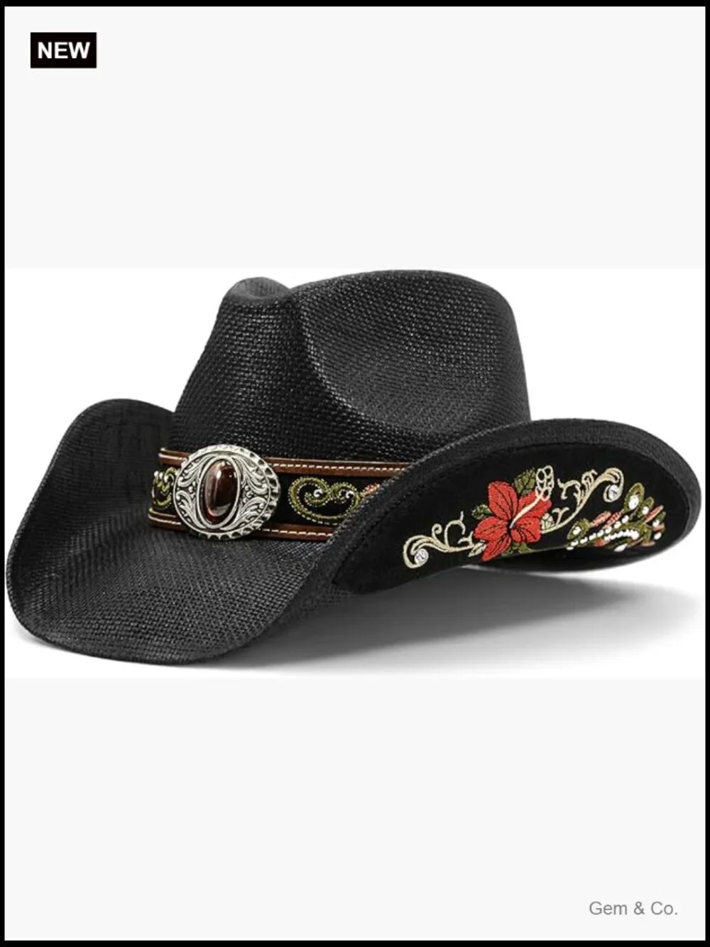 Embroidered Straw Cowboy Hat with Floral Design